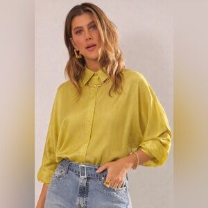 Zara Chartreuse Green Satin Silky Textured Button-Down Blouse Shirt Bat-Wing